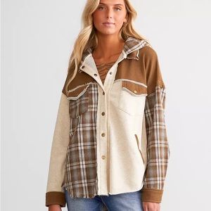 BKE Golden Brown and Cream Terry Cloth Shirt Jacket, Shacket Pieced Exposed Seam